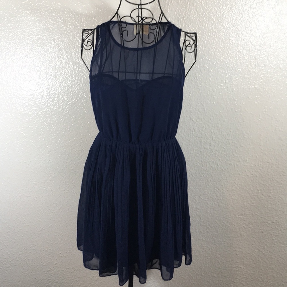 Navy Blue Pleated Skater Dress